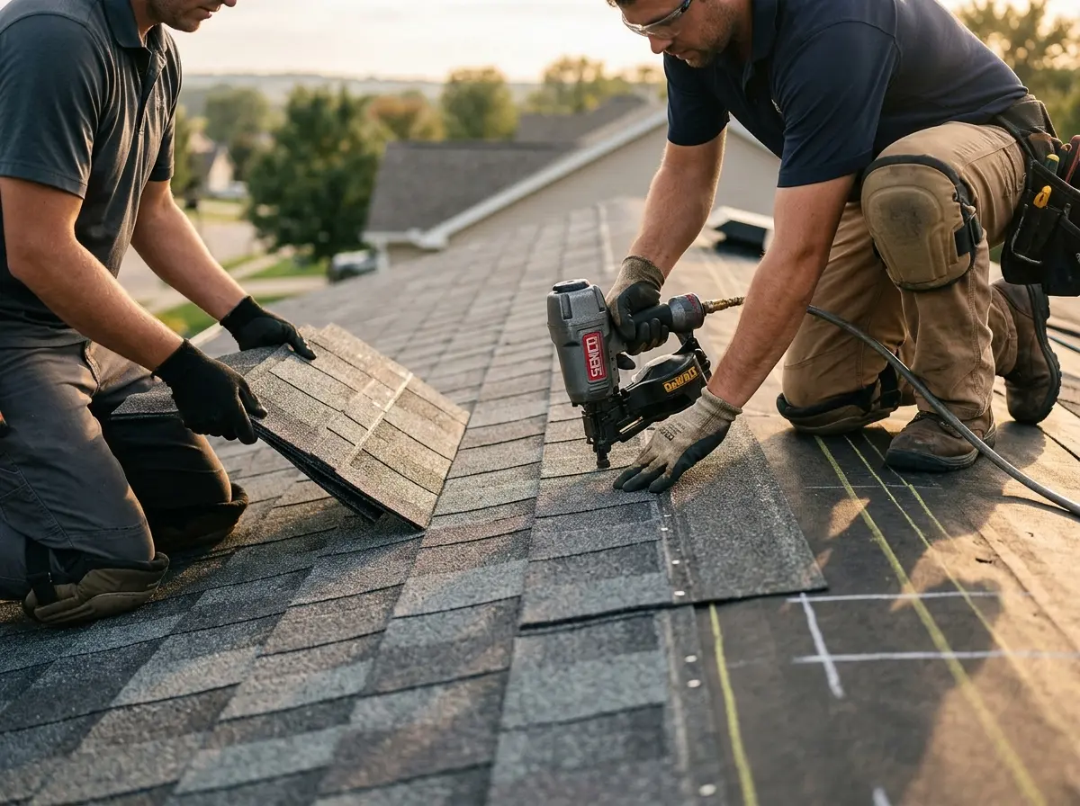 Professional roofer working on a residential roof in Indianapolis
